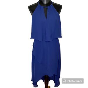 Saks Fifth Avenue Halter Dress High Low Sleeveless Chiffon Flowy Drapey Blue 6